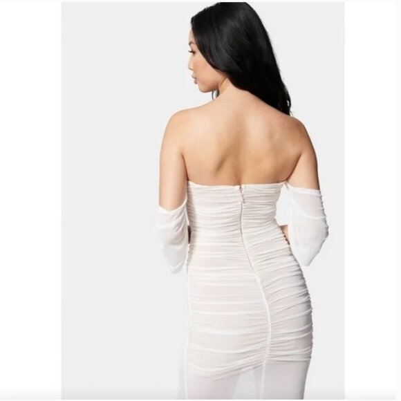 Bebe Off Shoulder Ruched Mesh Dress NWT - Picture 3 of 5